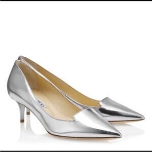 Jimmy Choo Allure Silver Metallic Leather Pumps Kitten Heel Pointed Toe Sz 39.5